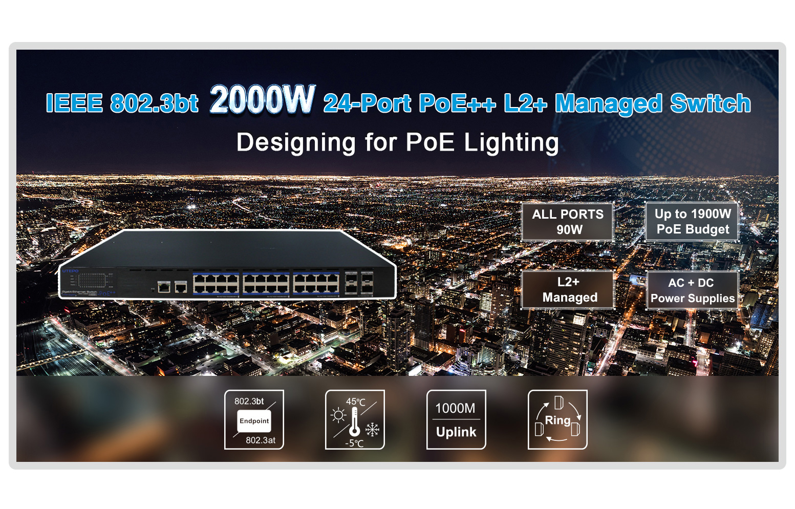 IEEE 802.3bt 2000W 24-Port PoE++ L2+ Managed Switch